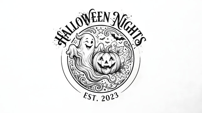 Halloween night logo with ghost pumpkin stars bats leaves est 2023 vintage hand drawn design.