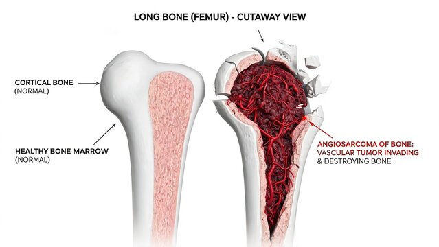 3D medical cutaway diagram of human femur long bone, comparison of healthy bone and bone angiosarcoma, vascular malignant tumor destroying bone cortex and marrow, labeled anatomical illustration, plai