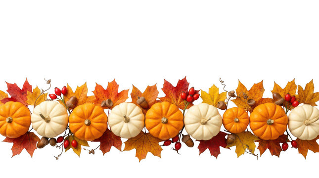 Autumn border with orange white pumpkins and colorful fall leaves isolated on transparent background