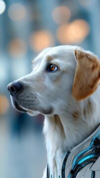 A golden retriever with intelligent eyes and a high tech collar stands against a blurred urban background. The image blends technology and companionship, evoking warmth and innovation