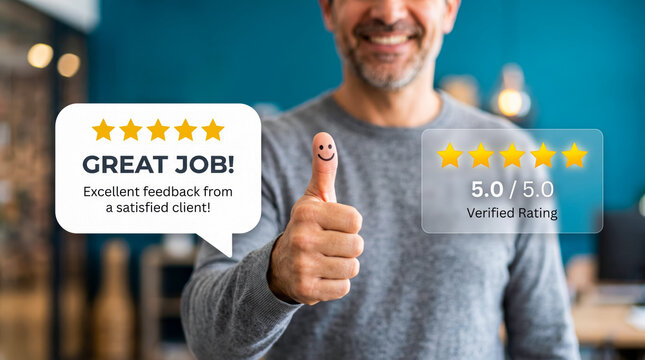 Professional smiling man giving thumbs-up with perfect rating feedback for satisfied client review