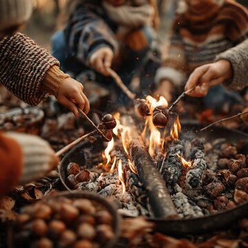 Friends roasting chestnuts over an open fire during autumn.