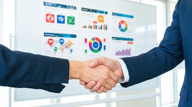 Two business people shaking hands sealing partnership deal in front of whiteboard with colorful charts and strategic planning diagrams in bright conference room