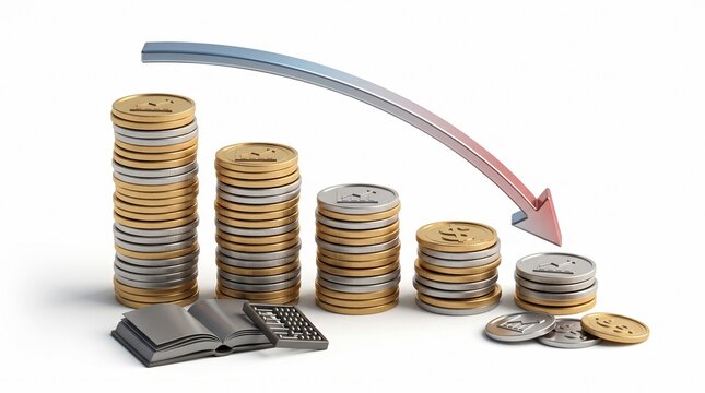 Financial decline concept with stacks of coins and downward arrow. Decreasing economy, business loss, debt, bankrupt, budget crisis, deficit, recession, bad market trend. White background.