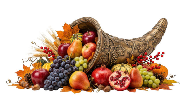Cornucopia horn of plenty filled with fresh autumn harvest fruits isolated on transparent background