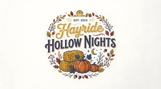 Hayride hollow nights fall event logo with pumpkins and farm elements est 2023.
