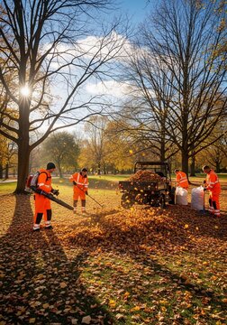 Autumn's Golden Cascade: Workers orchestrate the falling leaves.