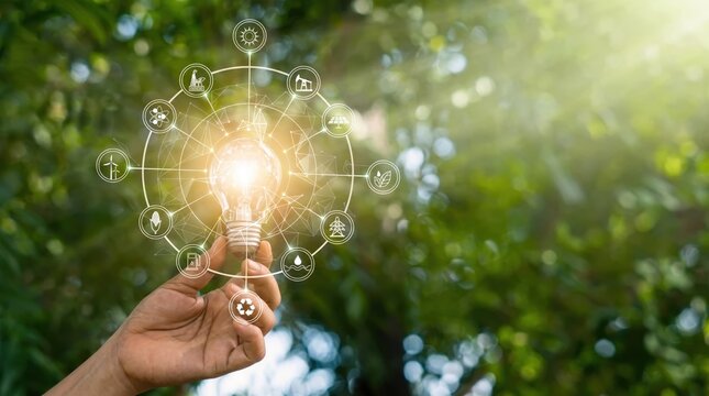 Hand holding glowing light bulb surrounded by circular icons representing renewable energy sources like solar and wind power, symbolizing green innovation and sustainable
