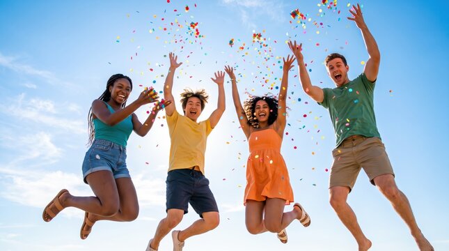 Group of diverse young friends jumping in the air with joy and excitement while throwing colorful confetti against a clear blue sky, celebrating success, friendship and summer fun