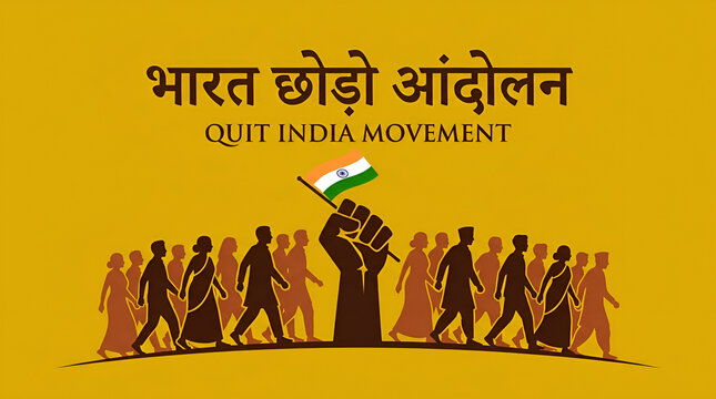 Quit India Movement Vector Illustration with Mahatma Gandhi Leading Protestors Carrying Banners Angrezon Bharat Chhodo and Karo Ya Maro