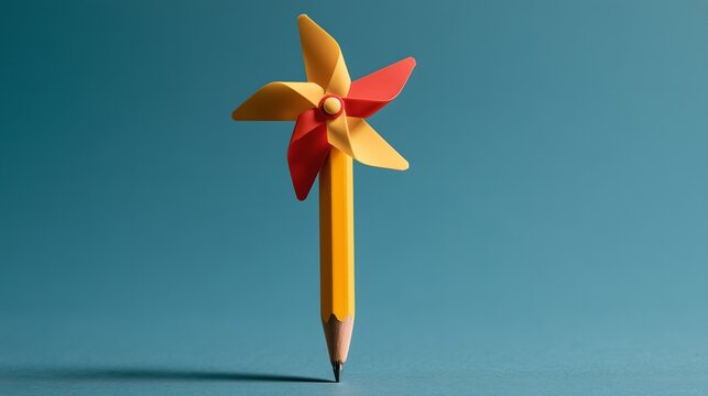 Yellow pencil with colorful pinwheel toy on top, playful back to school themed design