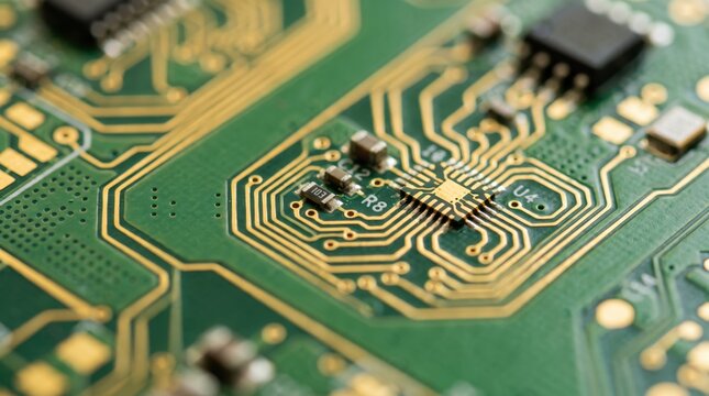 Close up macro shot of green printed circuit board with gold traces and electronic components, microchip technology, computer hardware engineering, motherboard detail