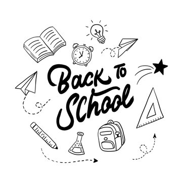 Back to school handwritten lettering with educational icons and symbols