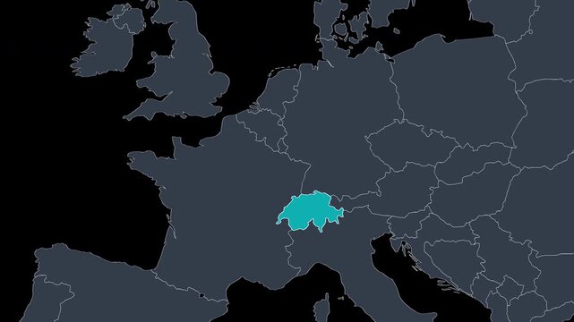 Switzerland Highlighted on Europe Map Country Focus Zoom, Alpha 4K