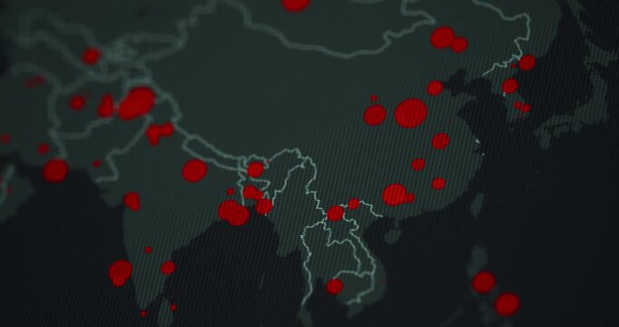 Live hotspot map tracker in asia, spread of virus, infection or crimes, crisis monitoring outbreak map, china, footage