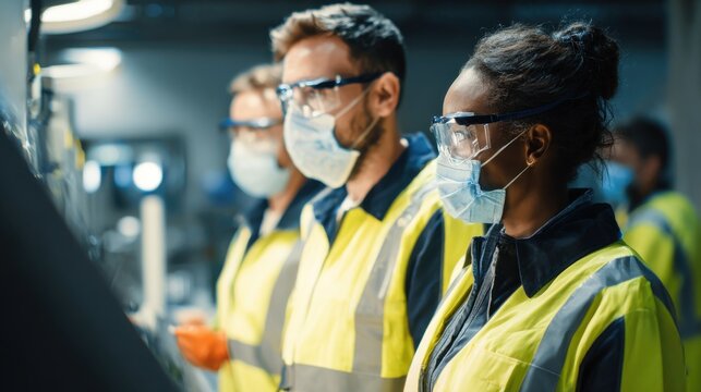 Team of workers in protective gear performing cleaning disinfection tasks. Diverse professionals wearing masks, goggles, high-visibility vests, diligently engaged in cleaning sanitization operations