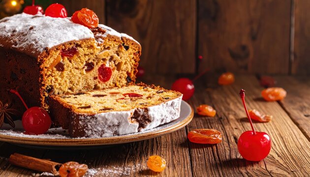 Delicious homemade fruitcake with powdered sugar and maraschino cherries, perfect for holiday celebrations and winter gatherings