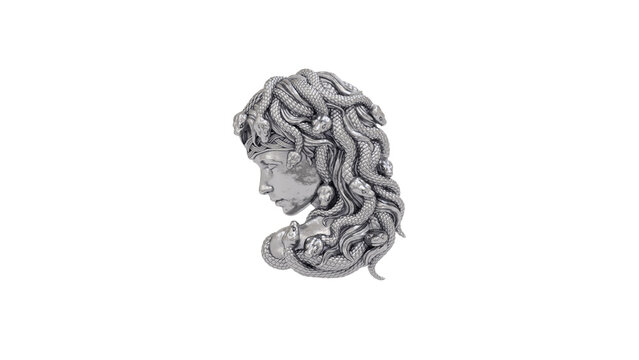 Pewter Silver Medusa Bust Snake Hair Gorgon Profile Isolated 3D Illustration