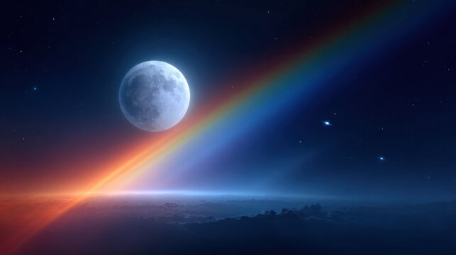 Moon rainbow star night sky glowing horizon blue sky cosmic scene celestial body space view dark sky moonlight mist cloud color beam light ray aurora serene scene dreamlike scene atmospheric