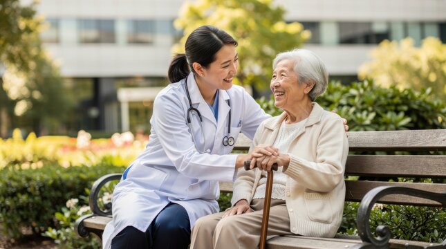 Caring healthcare professional interacting with elderly patient in park setting, showcasing compassion and wellness, bright and uplifting atmosphere
