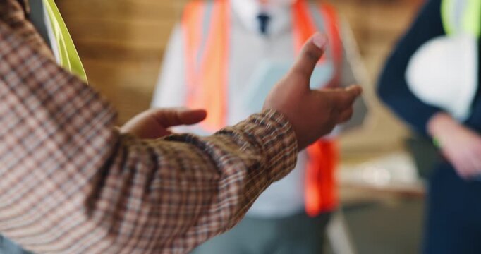 Manager, hand and discussion in warehouse with team, logistics advice or instructions for operations. Man, people and conversation in workplace with supervisor, supply chain management and strategy.