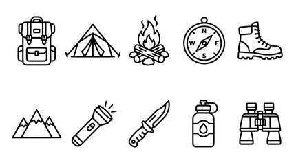 Fototapeta premium Outdoor camping and adventure line icon set, featuring tent, campfire, compass, flashlight, pocket knife, and canteen