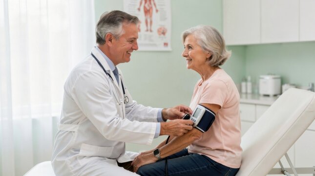 Doctor Taking Blood Pressure of Senior Woman in Medical Office with Smiling Environment and Professional Care for Health and Well-Being