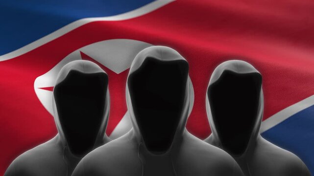 Hackers in hoodies over North Korean flag - background loop