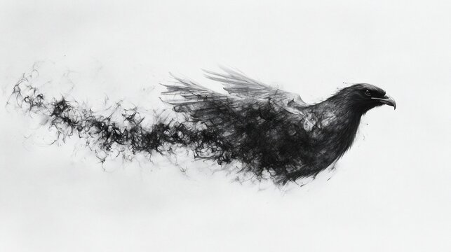 A grayscale bird, wings spread, body dissolving into wisps, soaring against a white backdrop