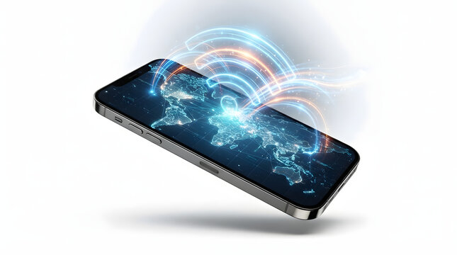 Global Connectivity on Mobile Device: A smartphone displays a world map with glowing lines symbolizing international network connections and data transfer.