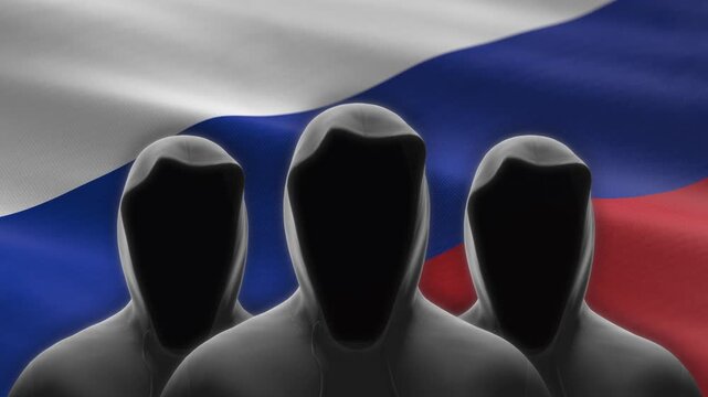Hackers in hoodies over Russia flag - background loop