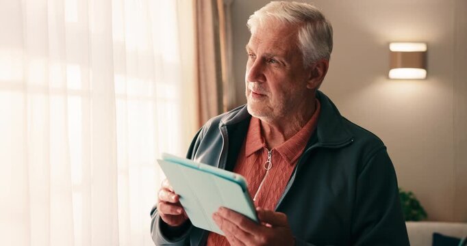 Thinking, tablet and senior man in retirement home with reading blog on app for pension planning. Decision, research and elderly person with technology for online article with newsletter subscription