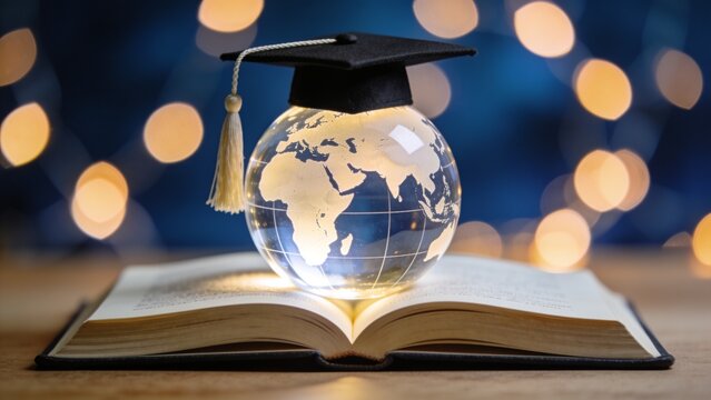 conceptual and symbolic photograph featuring a globe and a graduation cap. The layout is centered with a focus on the globe, which is transparent and illuminated, displaying continents in a light colo