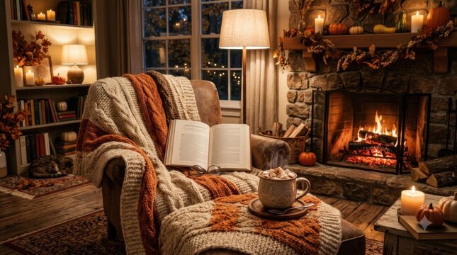 Warm Reading Corner With Fireplace Blanket Book and Hot Drink