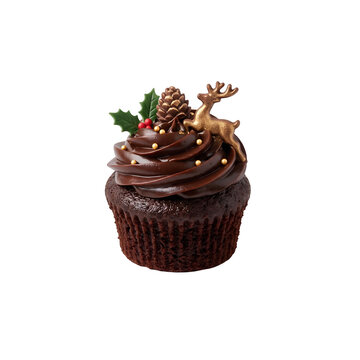 Christmas chocolate cupcake with festive decorations isolated on transparent background