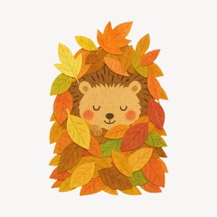 Obraz premium Adorable hedgehog nestled in leaves.