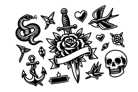 Tattoo design features a central dagger piercing a blooming rose surrounded by various nautical motifs.