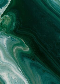 Abstract painting with a dark green and white color scheme. the background is a mix of dark green, white, and light blue, creating a fluid and fluid texture.