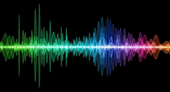 Audio soundwave visualization with vibrant neon colors. Equalizer waveform display for music production and digital media.