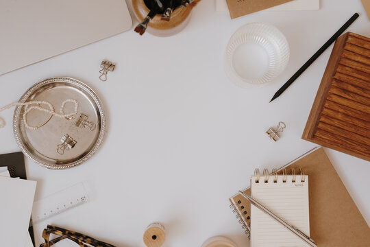 Flat Lay Artist Desk Setup With Empty Central Copy Space