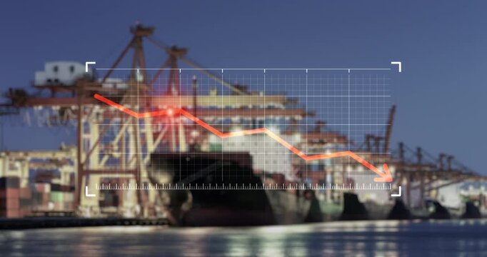 Container port with cargo ships, declining market chart overlay, global shipping slowdown, maritime logistics, international trade, import export business, supply chain disruption, economic downturn.