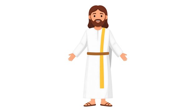 White Robed Bearded Man Standing with Open Arms on Plain Background