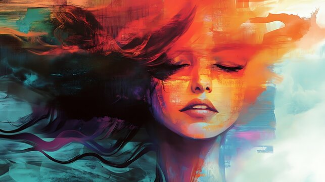 A vibrant, colorful portrait of a woman with her eyes closed, painted in a loose and expressive style.