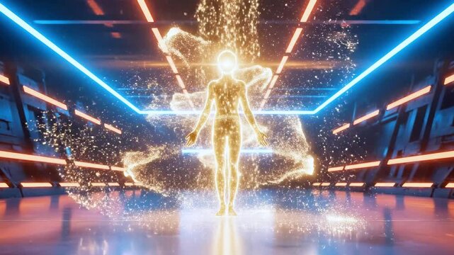Humanoid silhouette standing in futuristic glowing corridor.