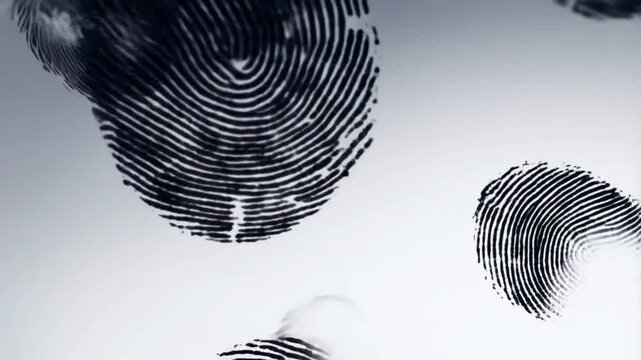 A black fingerprint appears and grows against a white background before multiplying into multiple black and grey fingerprints floating across the screen.