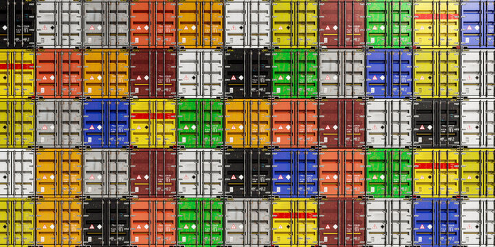 Colorful cargo shipping containers stacked background 3d render