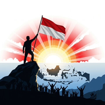 Indonesian Independence Day Celebration with Flag and Sunrise Map