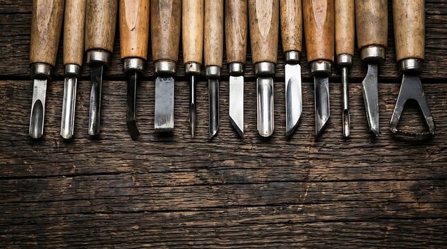Woodcarving chisels on textured wooden workbench.