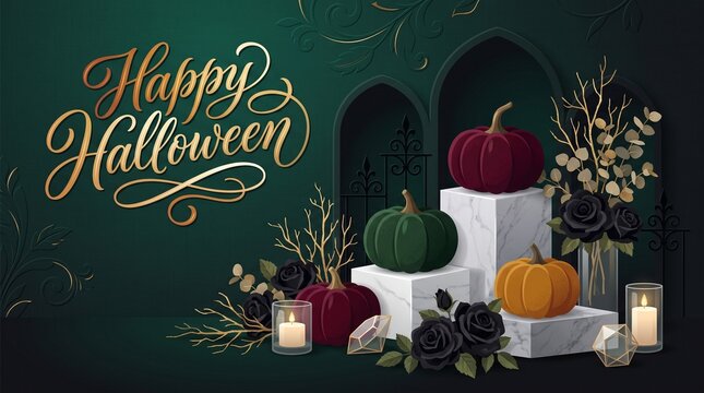Elegant Halloween background with green and orange pumpkins candles and gold calligraphy