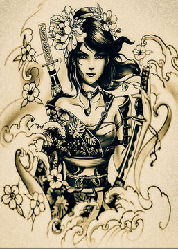 Female samurai tattoo flash